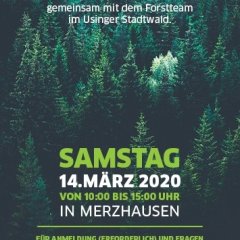 Flyer  Vorderseite: Pflanzen Sie mit uns Zukunft, gemeinsam mit dem Forstteam im Usinger Stadtwald. Im Hintergrund ist ein dichter Nadelwald.