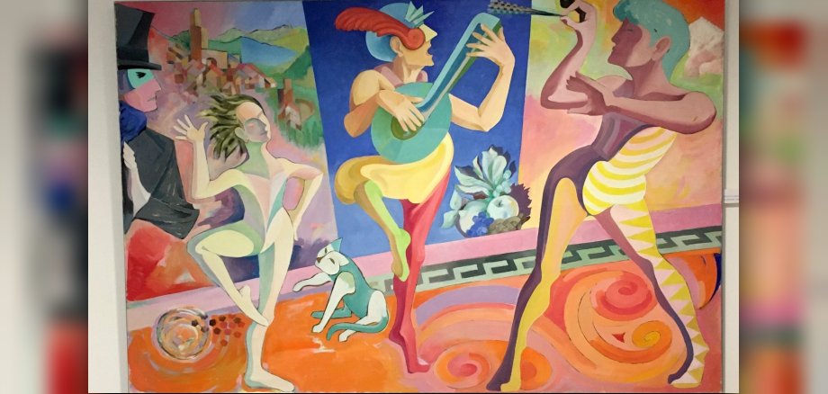 Ein buntes Kunstwerk mit vier verschiedenen Personen, welche verschieden Posieren. Die Person in der Mitte spielt ein Zupfinstrument.
