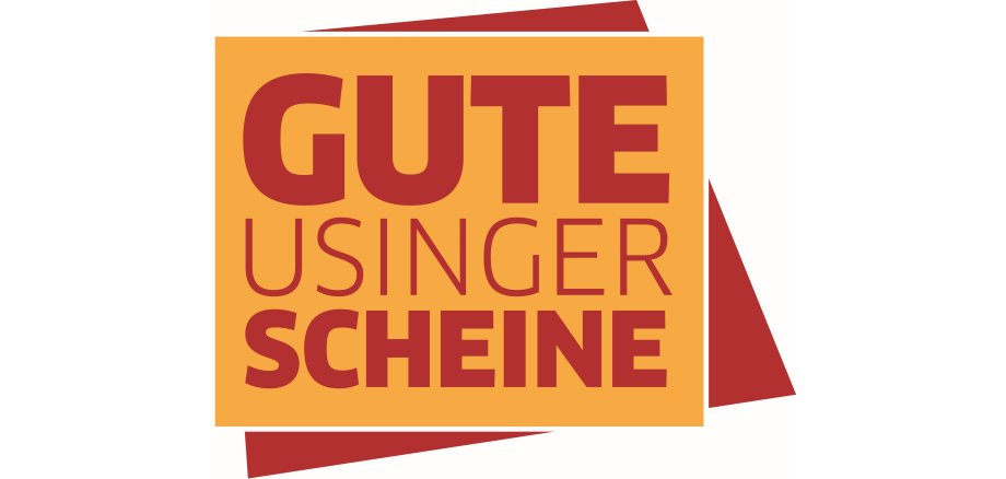 Das Gute Usinger Scheine Logo in roter schrift mit gelbem Hintergrund.