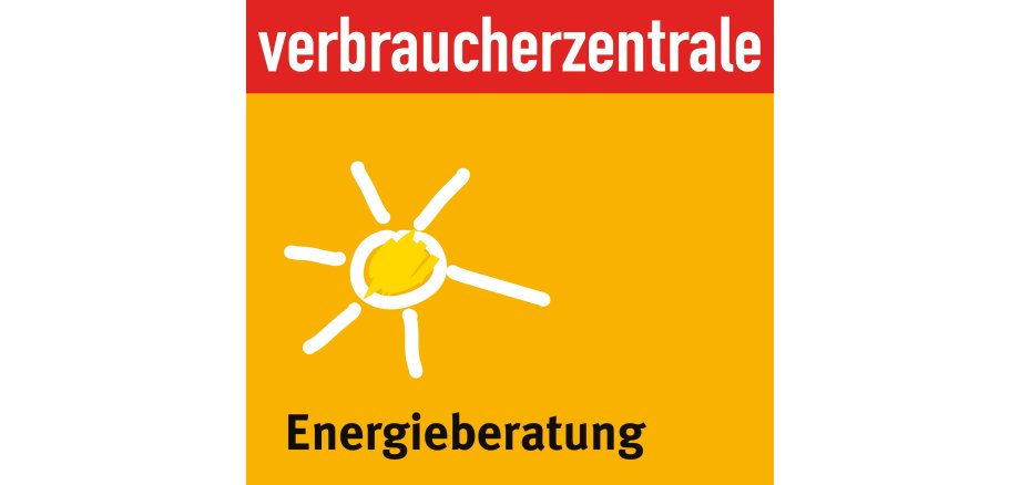 Logo der Energieberatung mit einer gelben Sonne und weißer Schrift auf rotem Hintergrund, als Überschrift: Verbraucherzentrale Unterschrift: Energieberatung