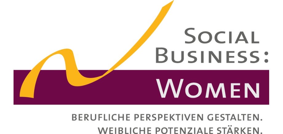 Logo von Social Business: Women, welches einen weißen Hintergrund hat. Das Wort Women steht in einem lilafarbendem Balken, welcher sich im unterem Viertel befindet. Links davon befindet sich ein gelber geschwungener Balken.