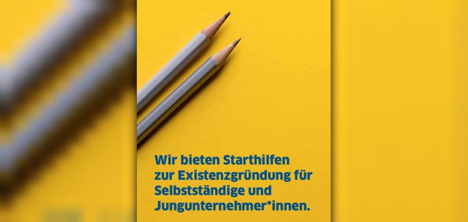 Flyer: blauer Text auf gelbem Hintergrund "Wir bieten Starthilfen zur Existenzgründung für Selbstständige und Jungunternehmer*innen. In der oberen Hälfte liegen zwei Bleistifte untereinander.