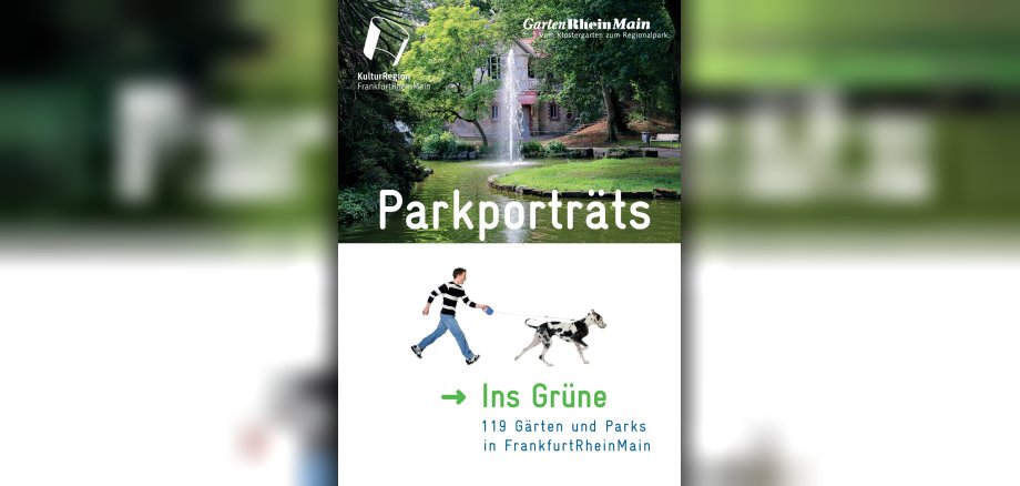 Flyer: Garten Rhein Main Parkporträts ins Grüne. Ein idyllischer Park mit einem See wo ein Springbrunnen ist. Darunter befindet sich ein Mann der mit seinem Hund an der Leine Spazieren geht.