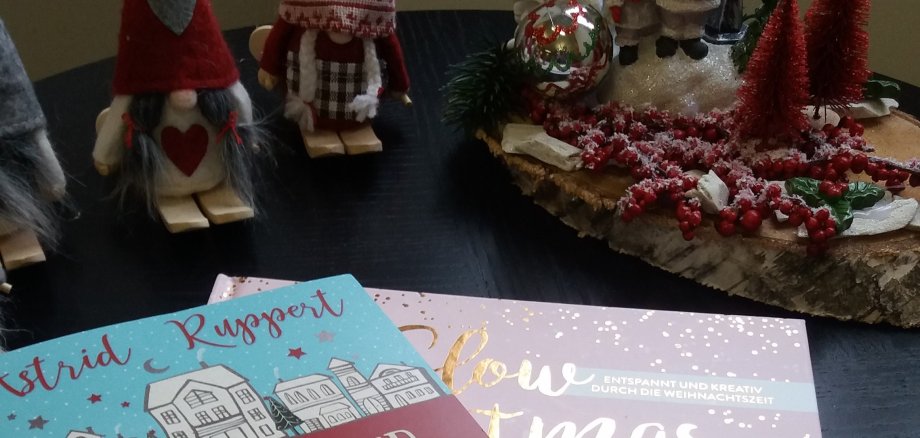 Drei Weihnachtswichtel stehen links und daneben findet sich eine Holzplatte mit Christbaumkugel und Weihnachtslandschaft. Unterhalb der Weihnachtswichtel und der Holzplatte liegen zwei Weihnachtliche Bücher von Astrid Ruppert.