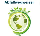 Titelblatt des Abfallwegweisers Grüne Darstellung einer Weltkugel mit Abfallsystem-Pfeil rundrum und Pflanzen oben drauf
