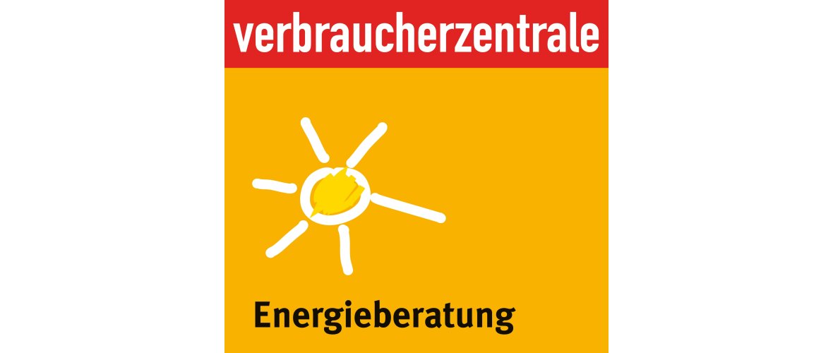 Das Logo der Energieberatung. In der Mitte ist eine gelbe Sonne, oben steht in einem roten Balken in weißer Schrift "Vebraucherzentrale". Unten im Bild steht in schwarzer Schrift "Energieberatung".