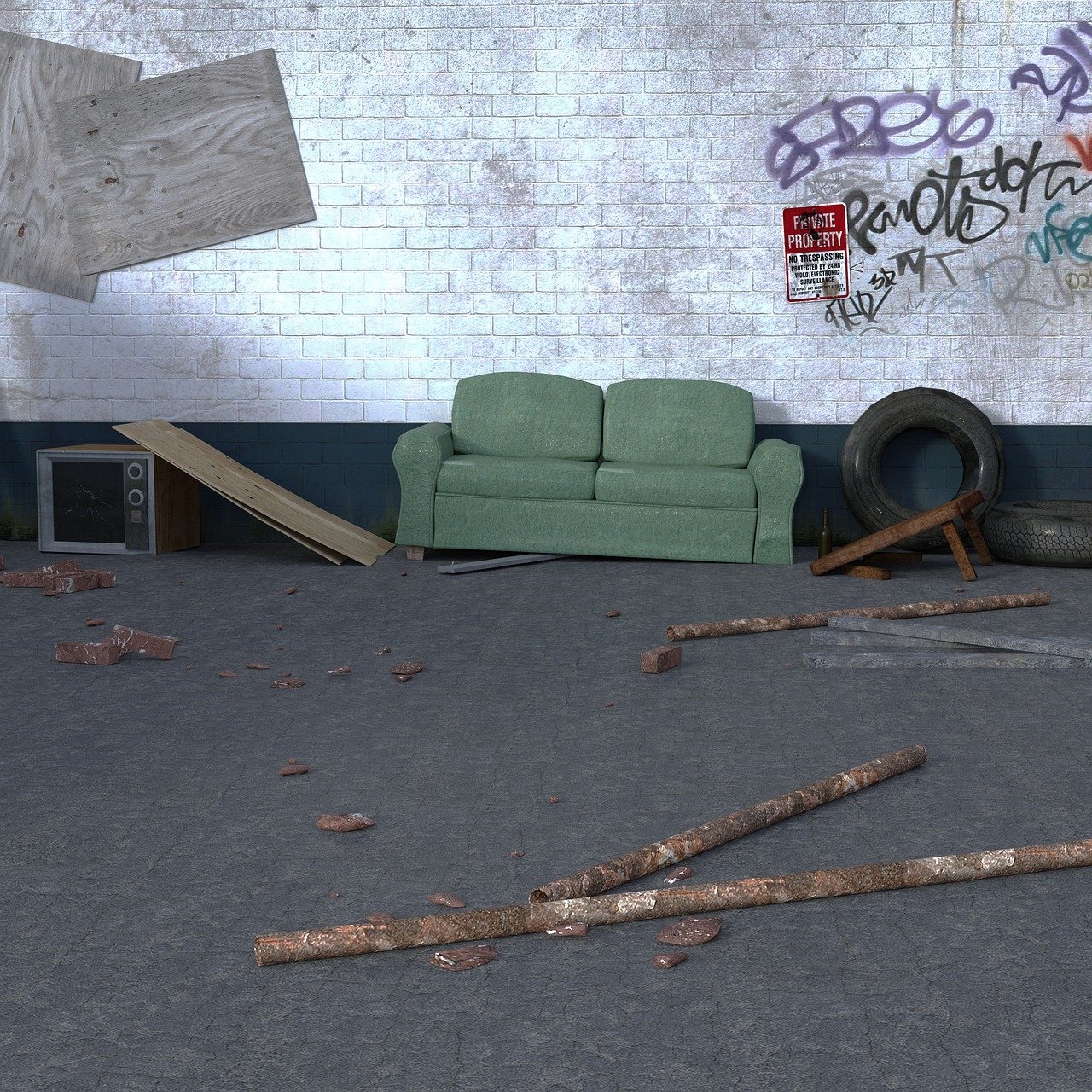 Auf diesem Bild sieht man einen alten Kellerraum mit Sperrmüll (eine alte Couch, Holz, etc.).