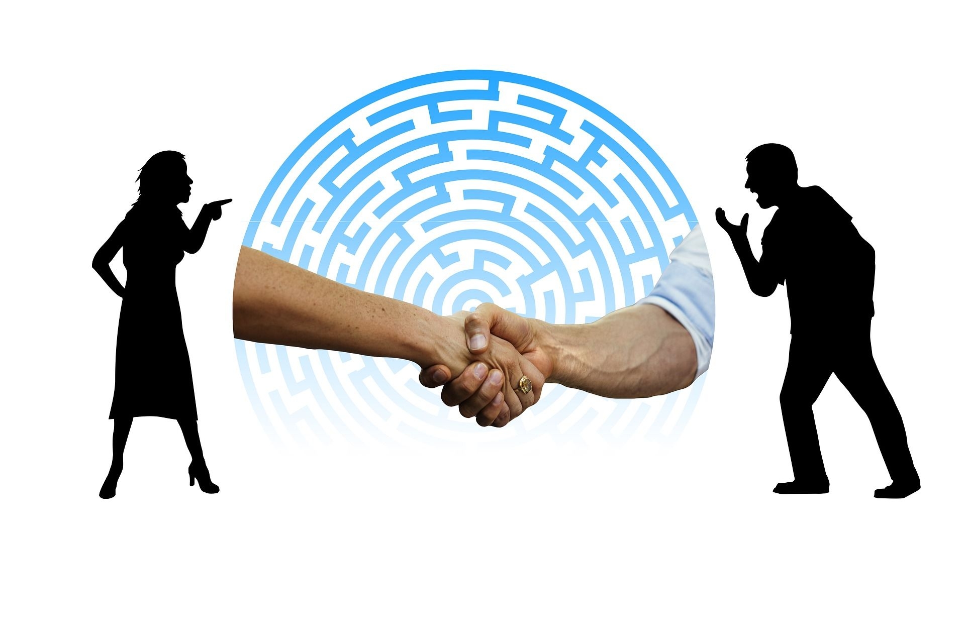 Links befindet sich eine Frau, welche mit dem Zeigeifnger auf einen rechtsstehenden Mann zeigt. Der Mann hebt seine Hand. Zwischen den beiden Personen sieht man zwei Hände, die sich gegenseit die Hand schütteln.