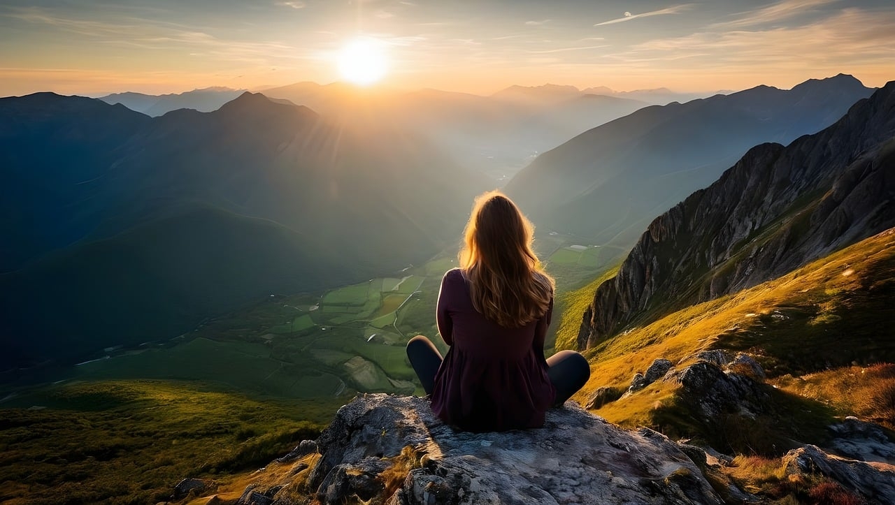 Eine Frau, die im Schneidersitz auf einem Berg sitzt und an den Bergen vorbei runter ins Tal den Sonnenuntergang beobachtet.