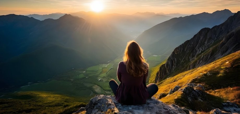 Eine Frau, die im Schneidersitz auf einem Berg sitzt und an den Bergen vorbei runter ins Tal den Sonnenuntergang beobachtet.