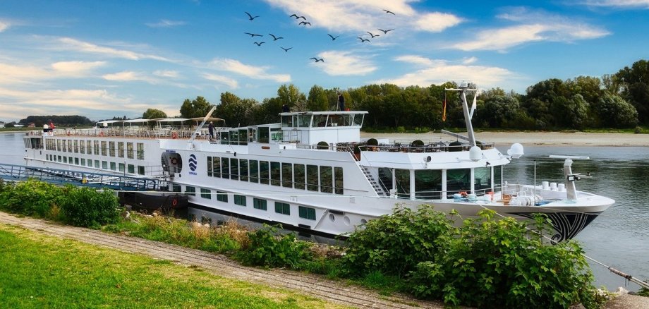 Das Bild zeigt ein großes weißes Flusskeuzfahrtschiff, das am Ufer eines Flusses festgemacht ist. Im Vordergrund sieht man eine grüne Wiese und einen gepflasterten Weg, während im Hintergrund dichter Baumbestand und ein blauer Himmel mit einigen Wolken und fliegenden Vögeln zu erkennen sind.