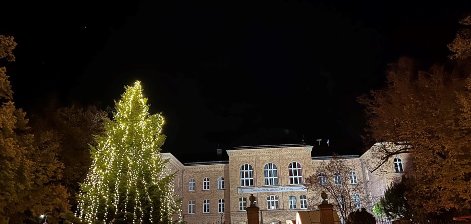 Blick auf die im Dunkeln beleuchtete CWS mit Weihnachtsbaum davor.