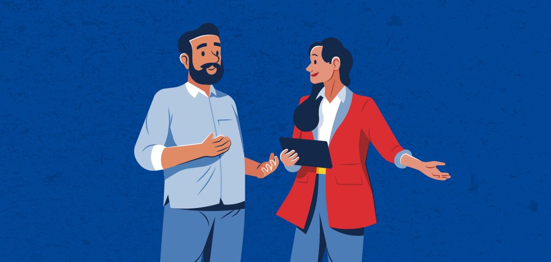 Eine Frau, welche einen Mann über die Energie berät. 