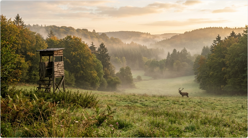 Hochsitz am Waldrand mit Hirsch auf einer nebligen Waldlichtung.