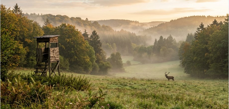 Hochsitz am Waldrand mit Hirsch auf einer nebligen Waldlichtung.