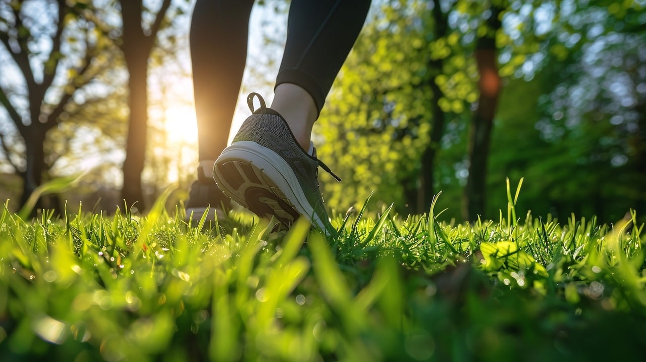Fitness Eine Person, die auf einer grünen Wiese läuft.