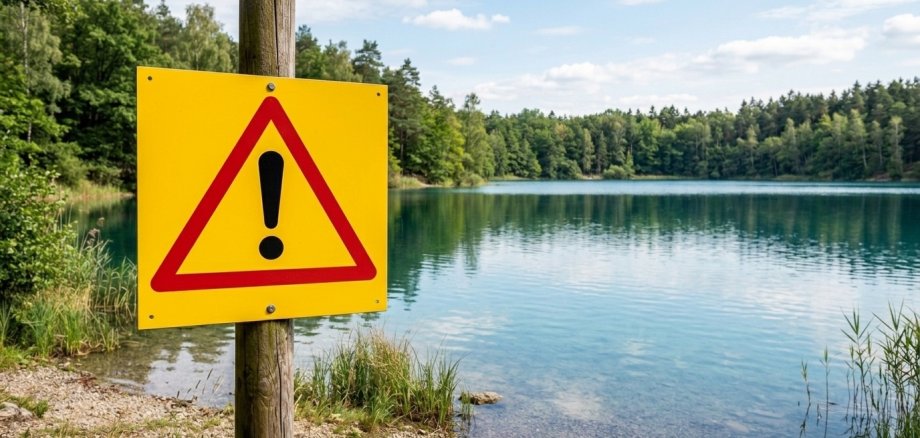 Nahaufnahme eines Warnschilds vor einem Weiher
