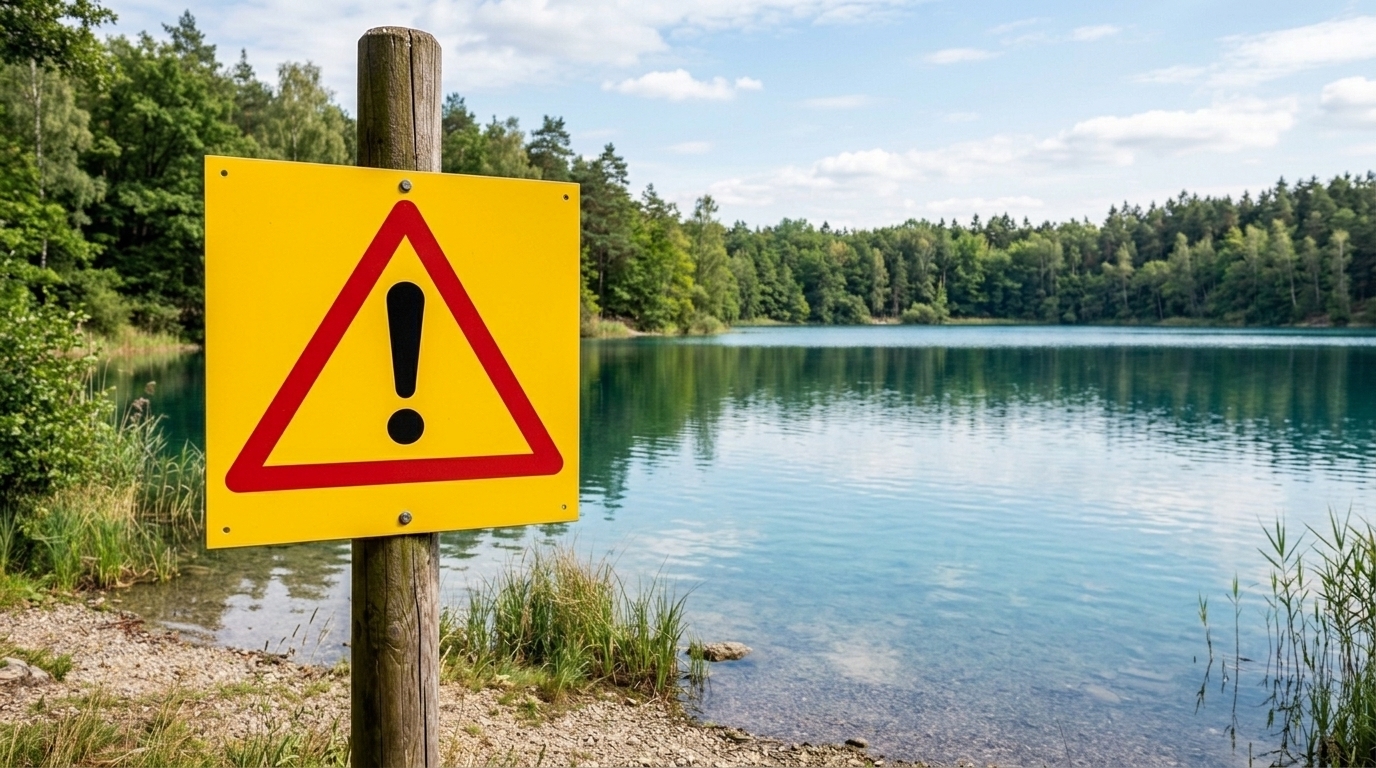 Nahaufnahme eines Warnschilds vor einem Weiher