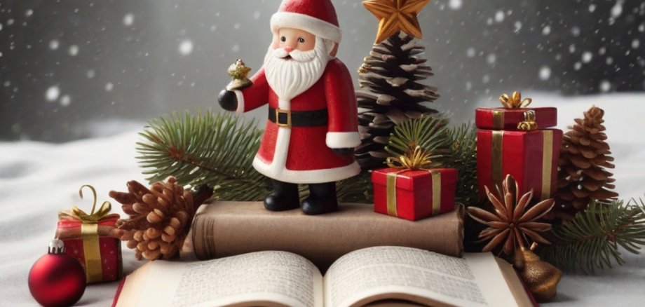 Weihnachtsmann und Weihnachtsdekoration in einer Schneelandschaft