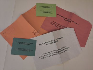 Walunterlagen Die Wahlunterlagen liegen auf einem weißen Tisch.